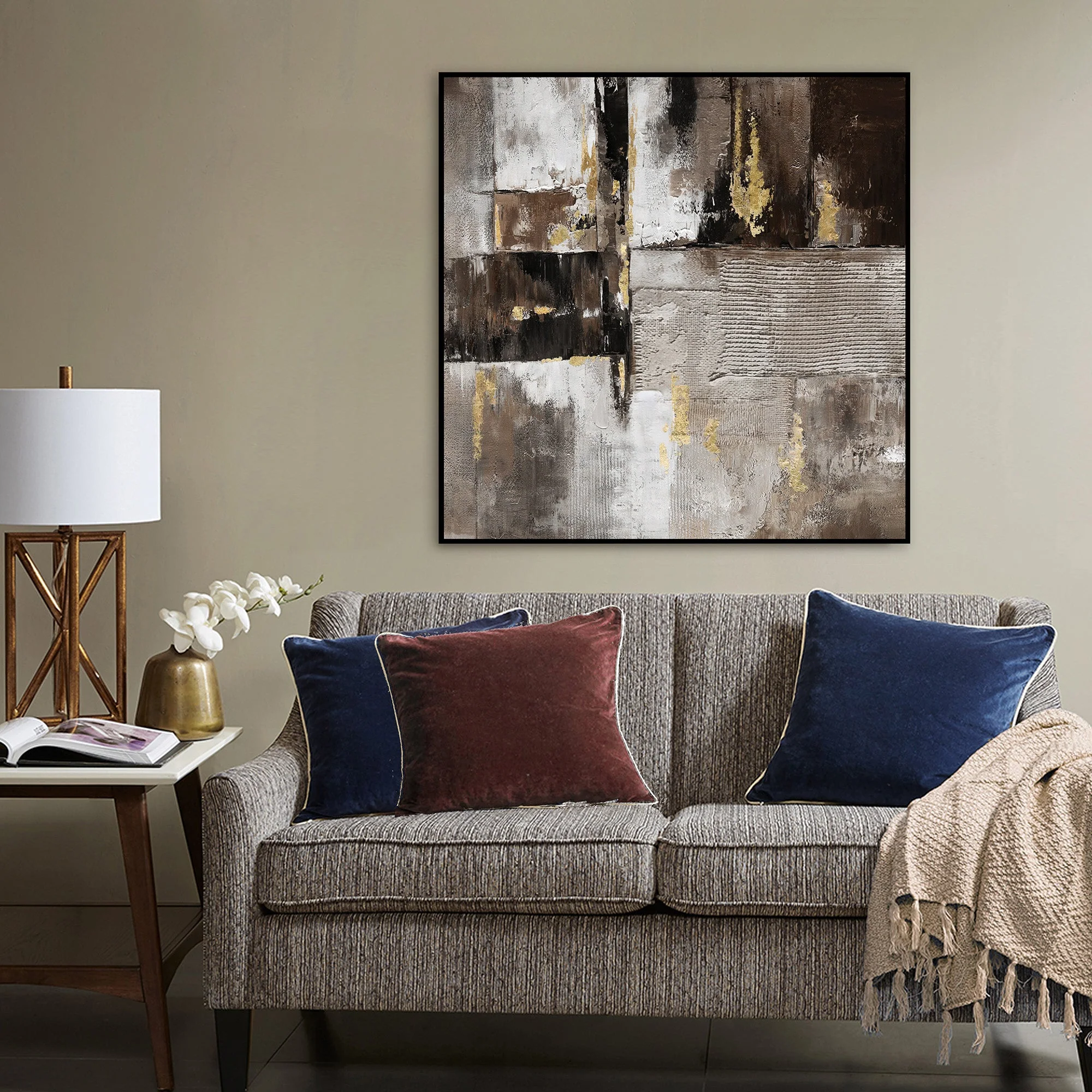 100X100cm Earthy Elegance Black Framed Hand Painted Canvas Wall Art - Image 2
