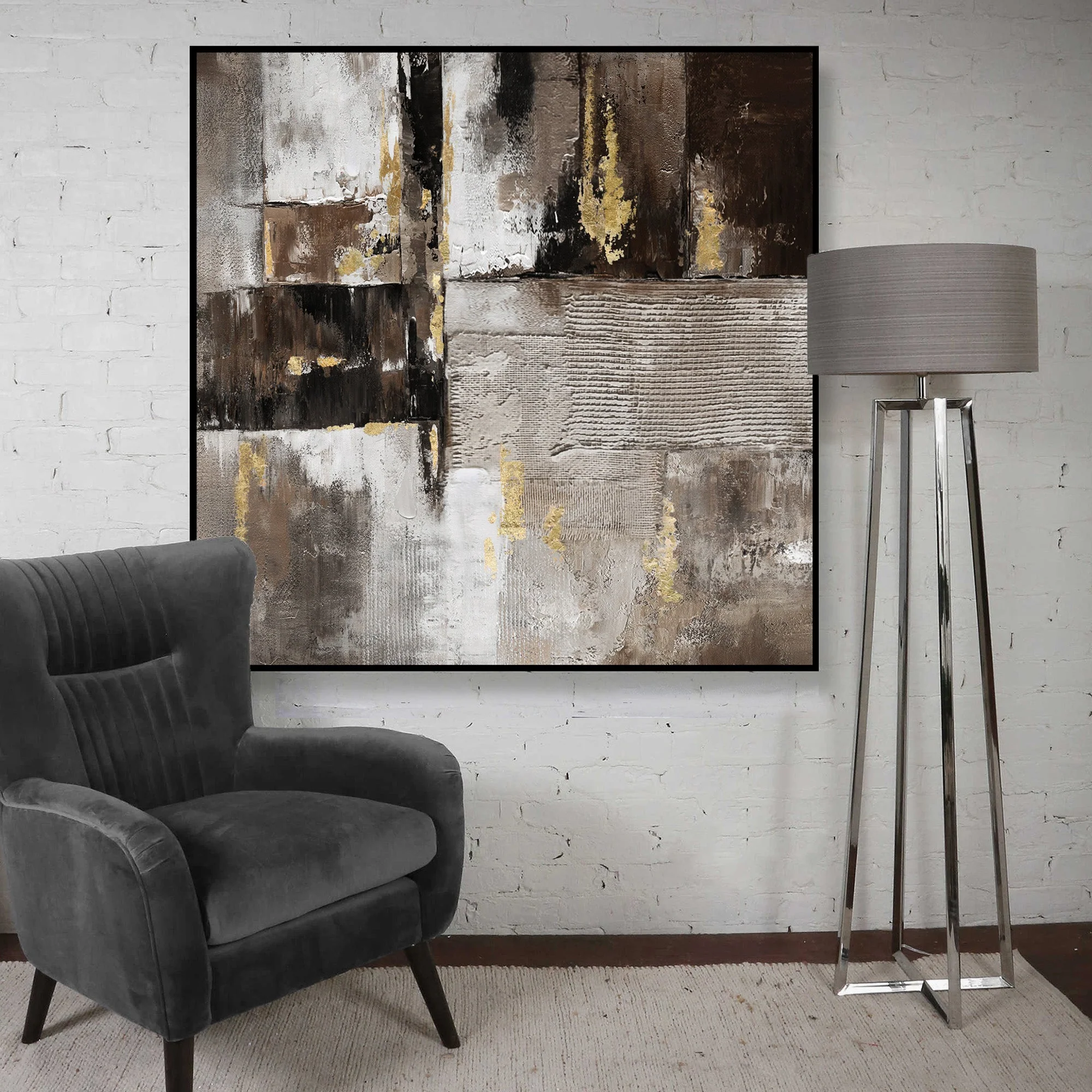 100X100cm Earthy Elegance Black Framed Hand Painted Canvas Wall Art - Image 3
