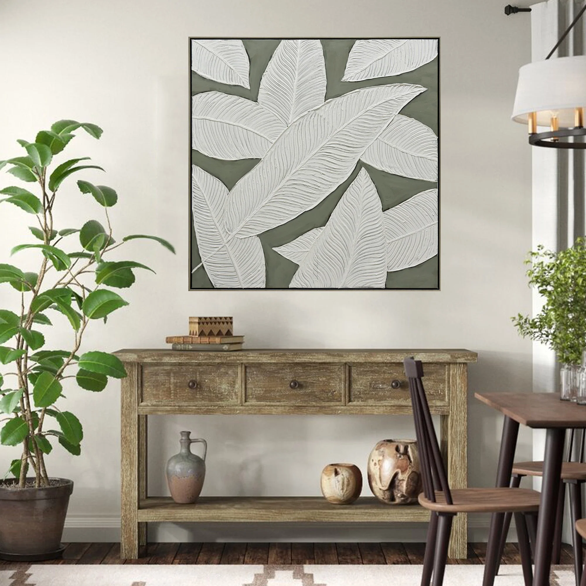 100X100cm Emerald Oasis: Leaves of Serenity Champagne Framed Hand Painted Canvas Wall Art - Image 2