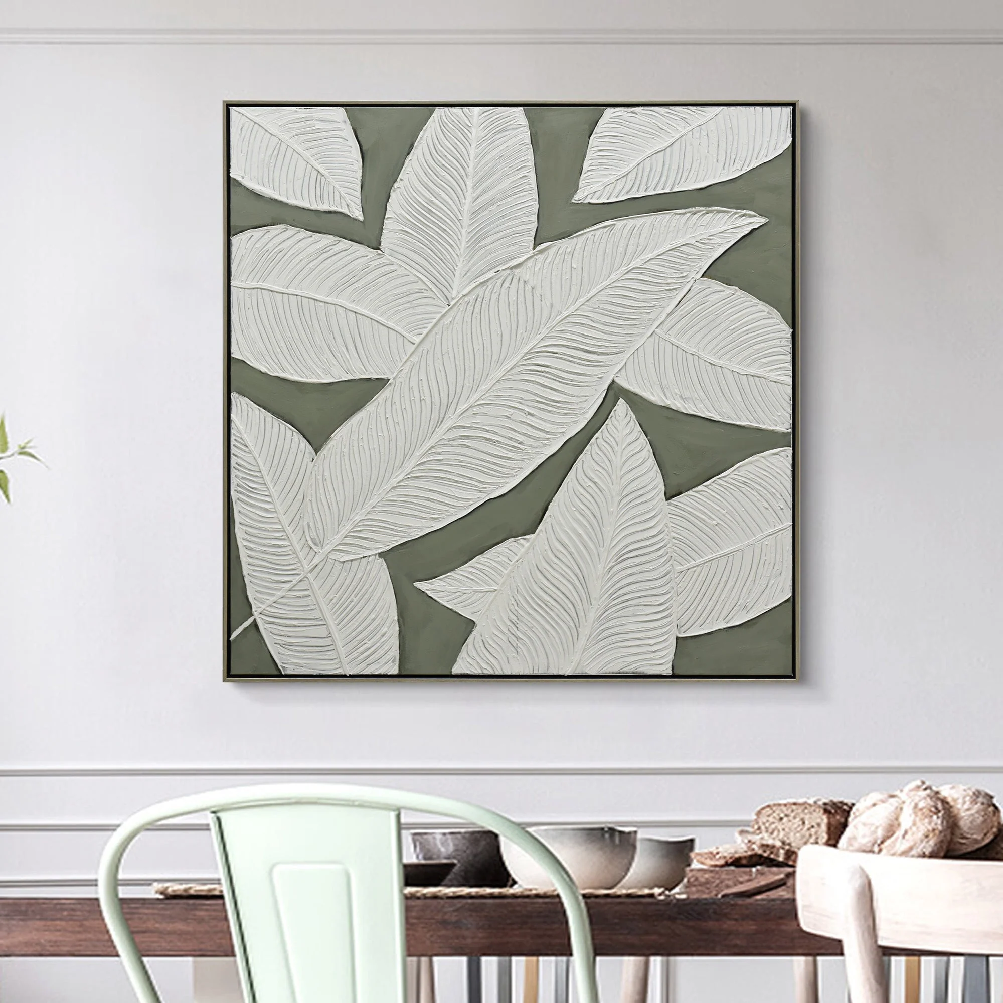 100X100cm Emerald Oasis: Leaves of Serenity Champagne Framed Hand Painted Canvas Wall Art - Image 3