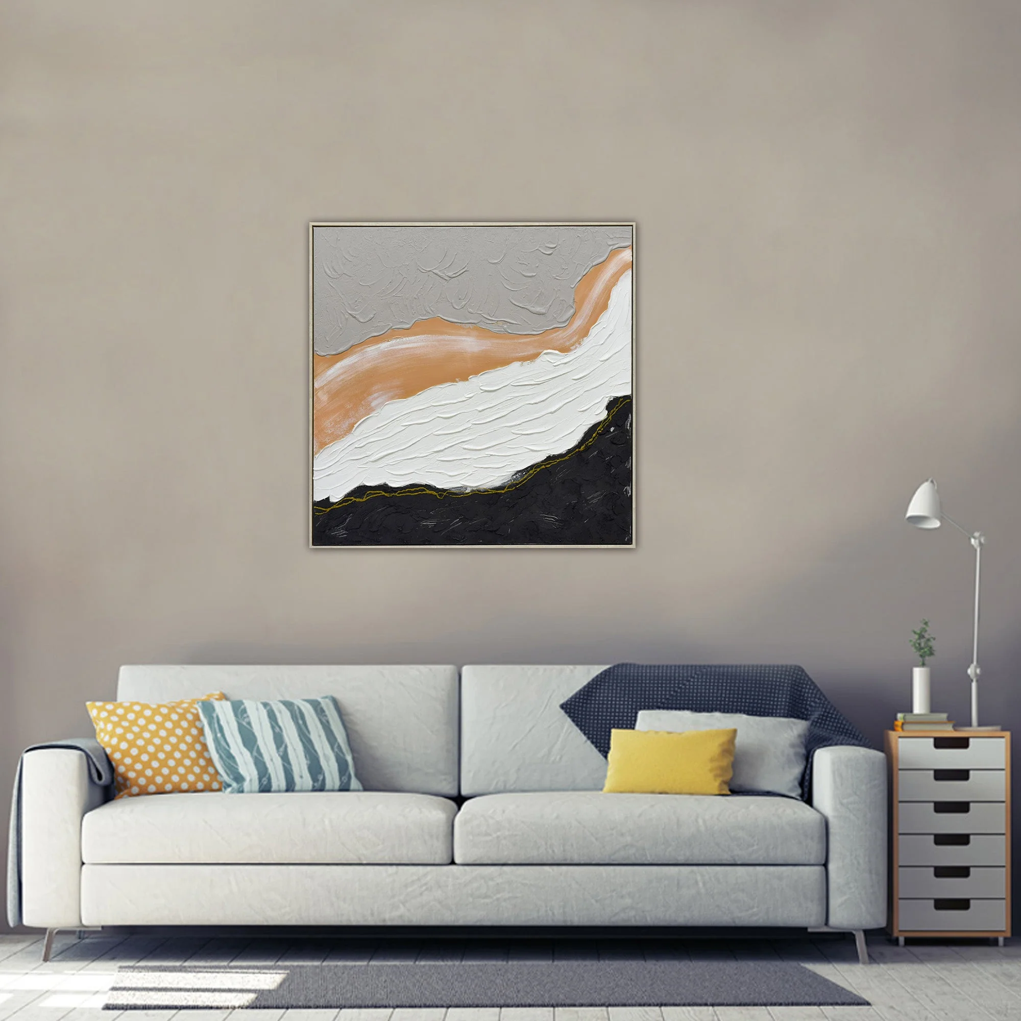 100X100cm Golden Divide Light Wood Framed Hand Painted Canvas Wall Art - Image 3
