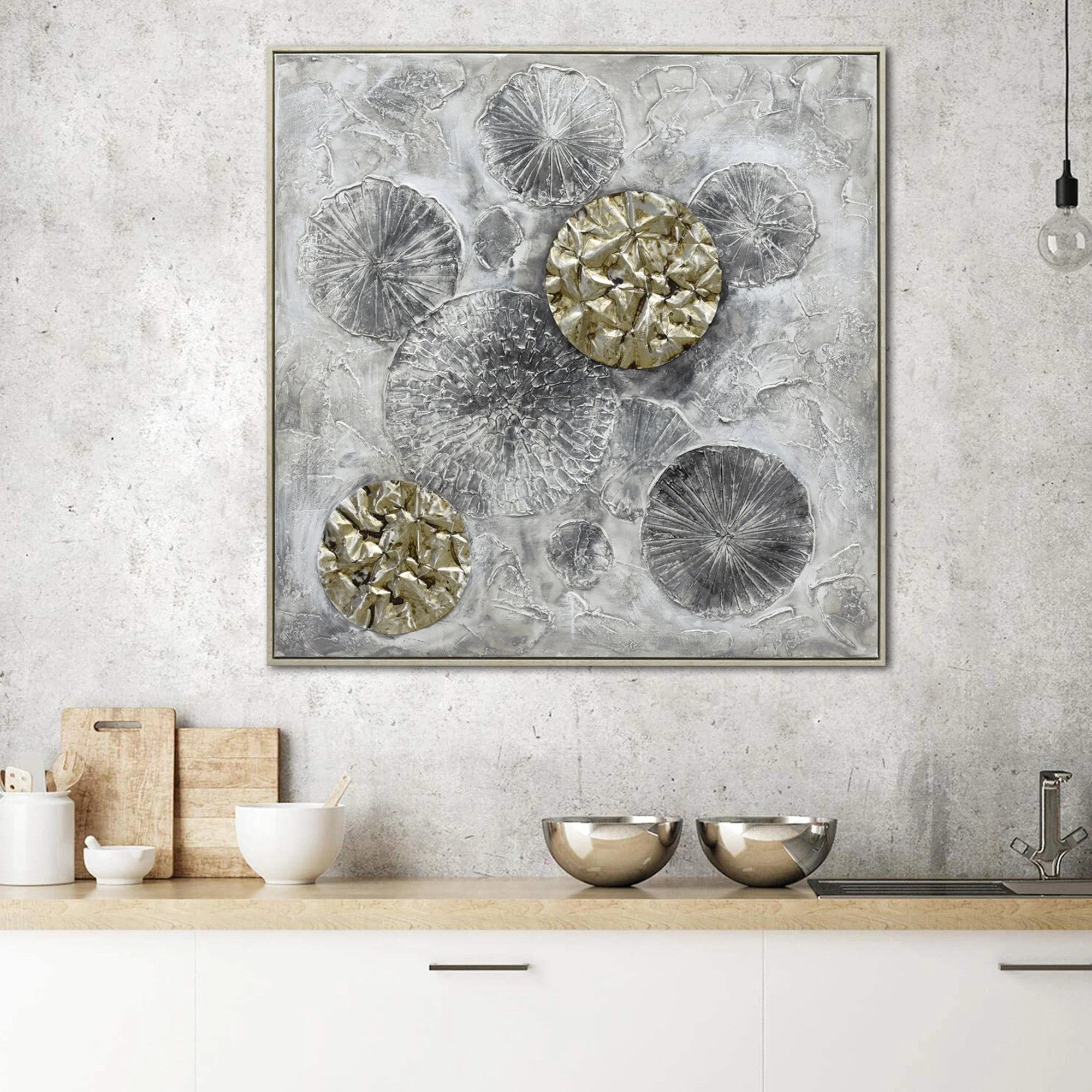 100X100cm Golden Orbs Amidst Ethereal Mists Light Wood Framed Hand Painted Canvas Wall Art - Image 2