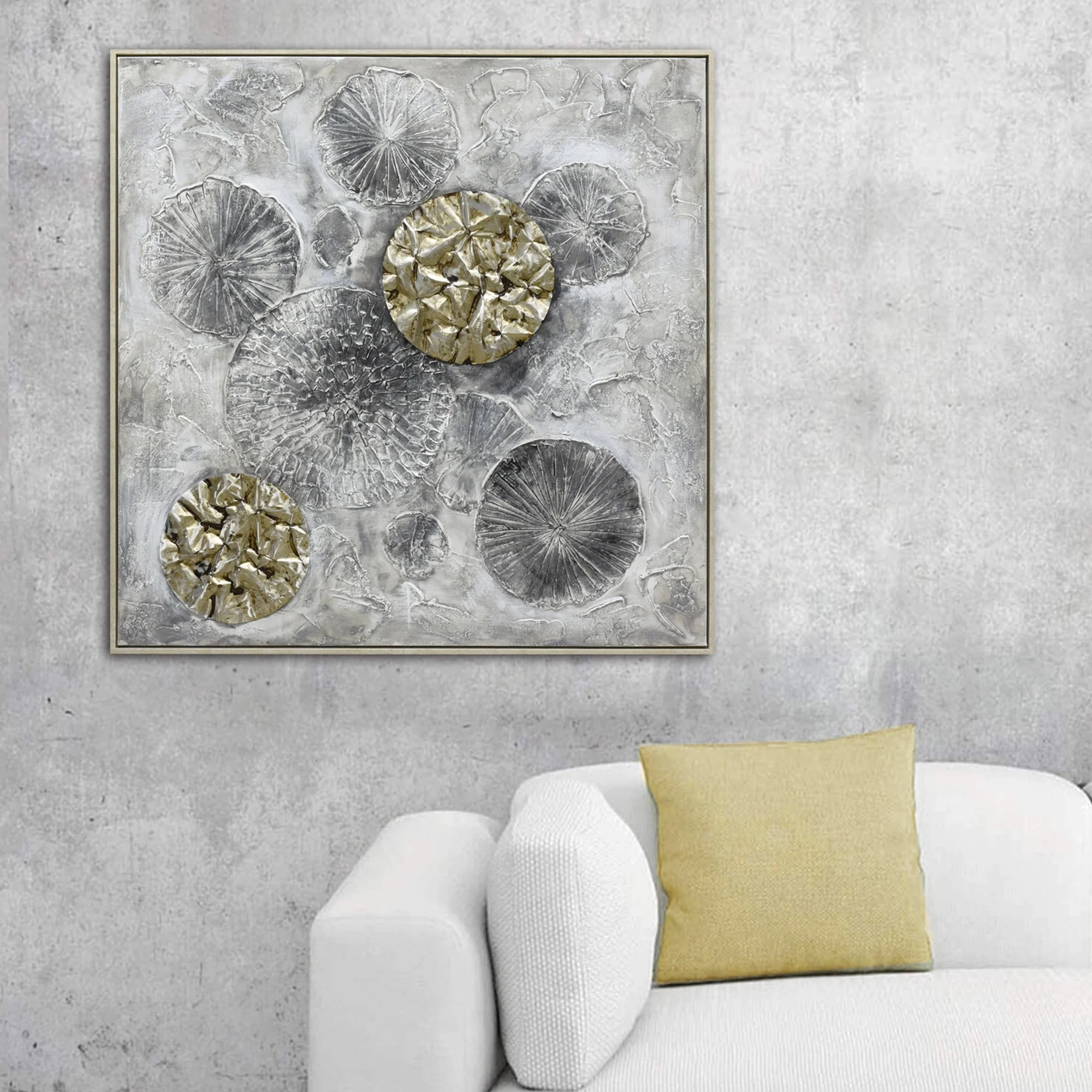 100X100cm Golden Orbs Amidst Ethereal Mists Light Wood Framed Hand Painted Canvas Wall Art - Image 3
