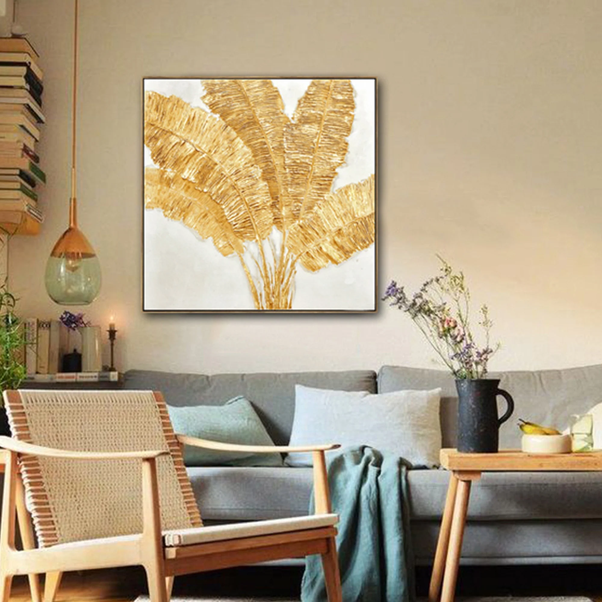100X100cm Lustrous Leaves Dark Wood Framed Hand Painted Canvas Wall Art - Image 2