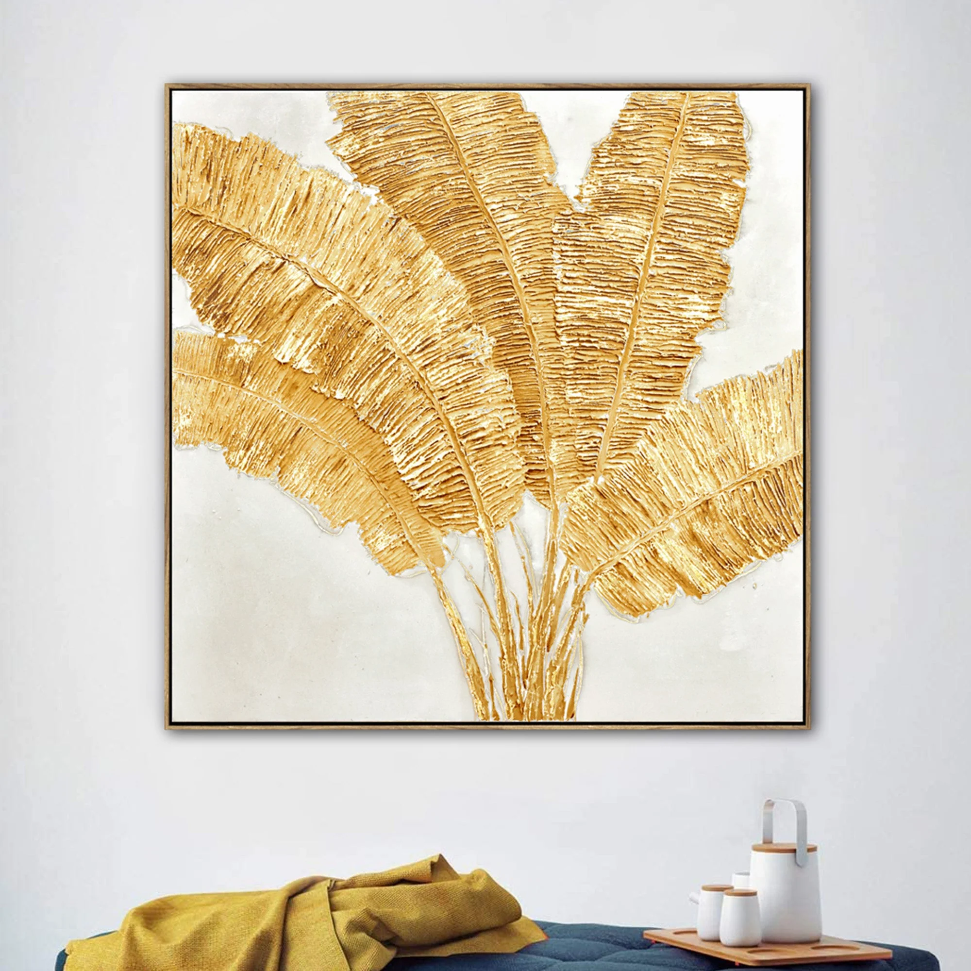 100X100cm Lustrous Leaves Dark Wood Framed Hand Painted Canvas Wall Art - Image 3