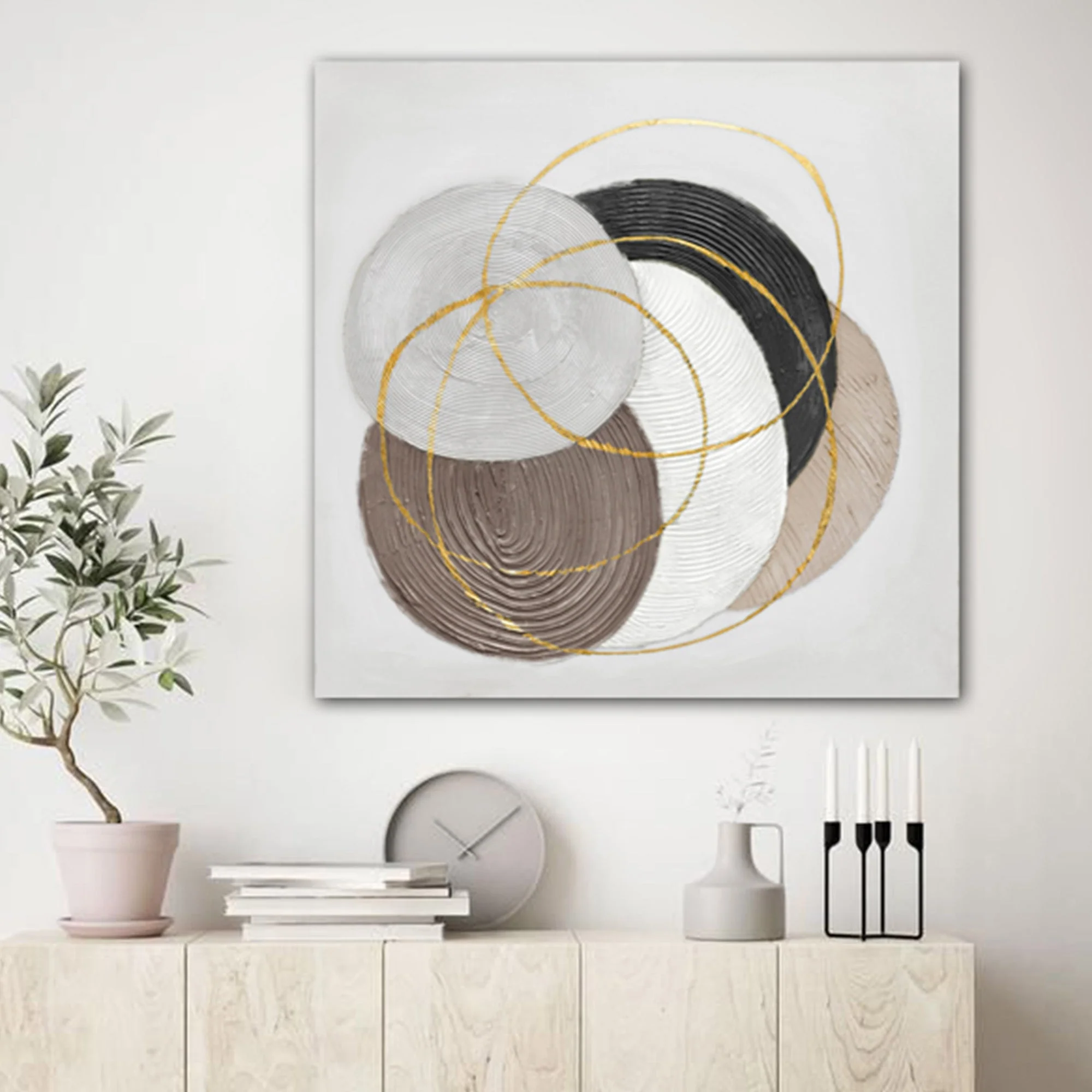 100X100cm Martian Geometrics Light Wood Framed Hand Painted Canvas Wall Art - Image 2