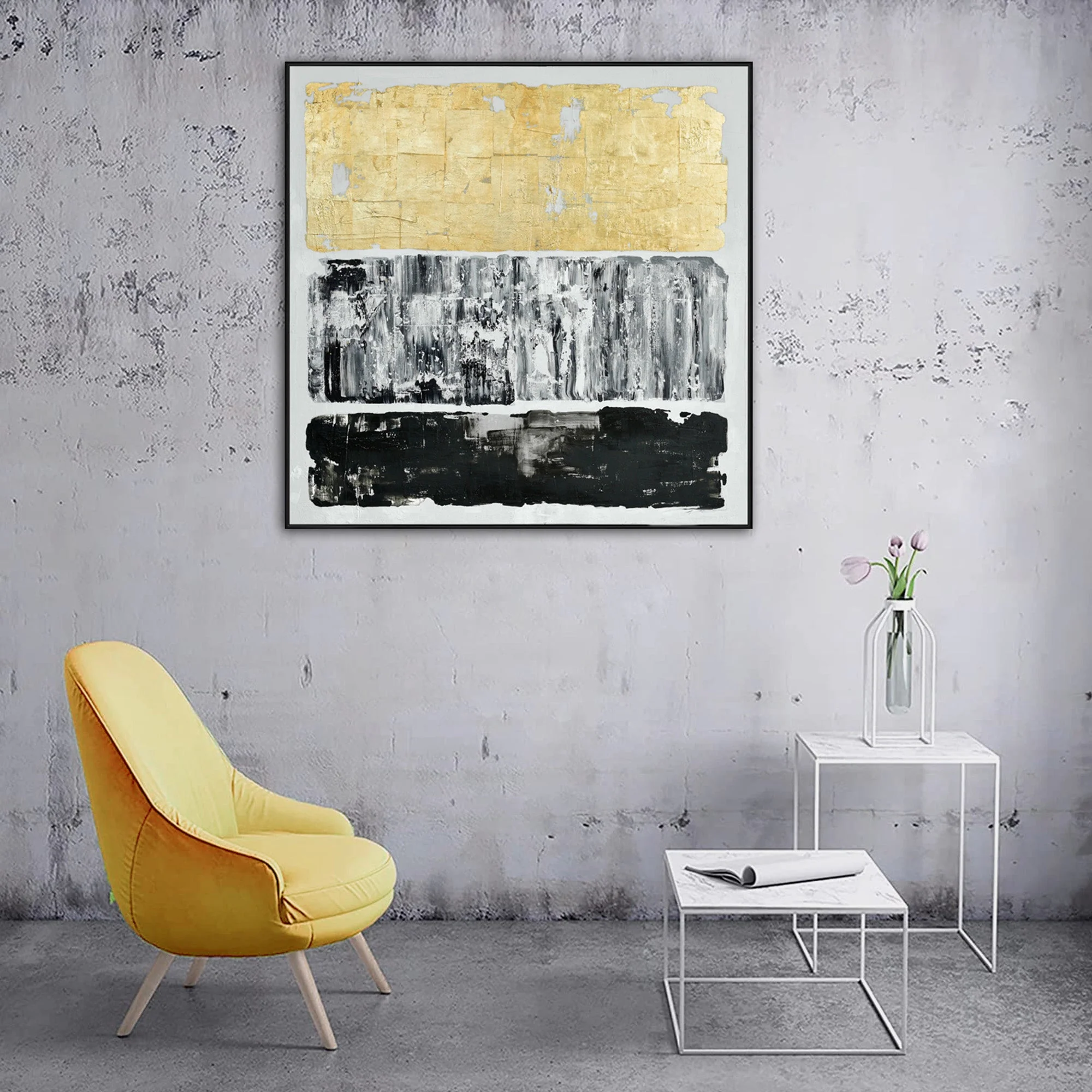 120X120cm Tonal Trilogy Black Framed Hand Painted Canvas Wall Art - Image 2