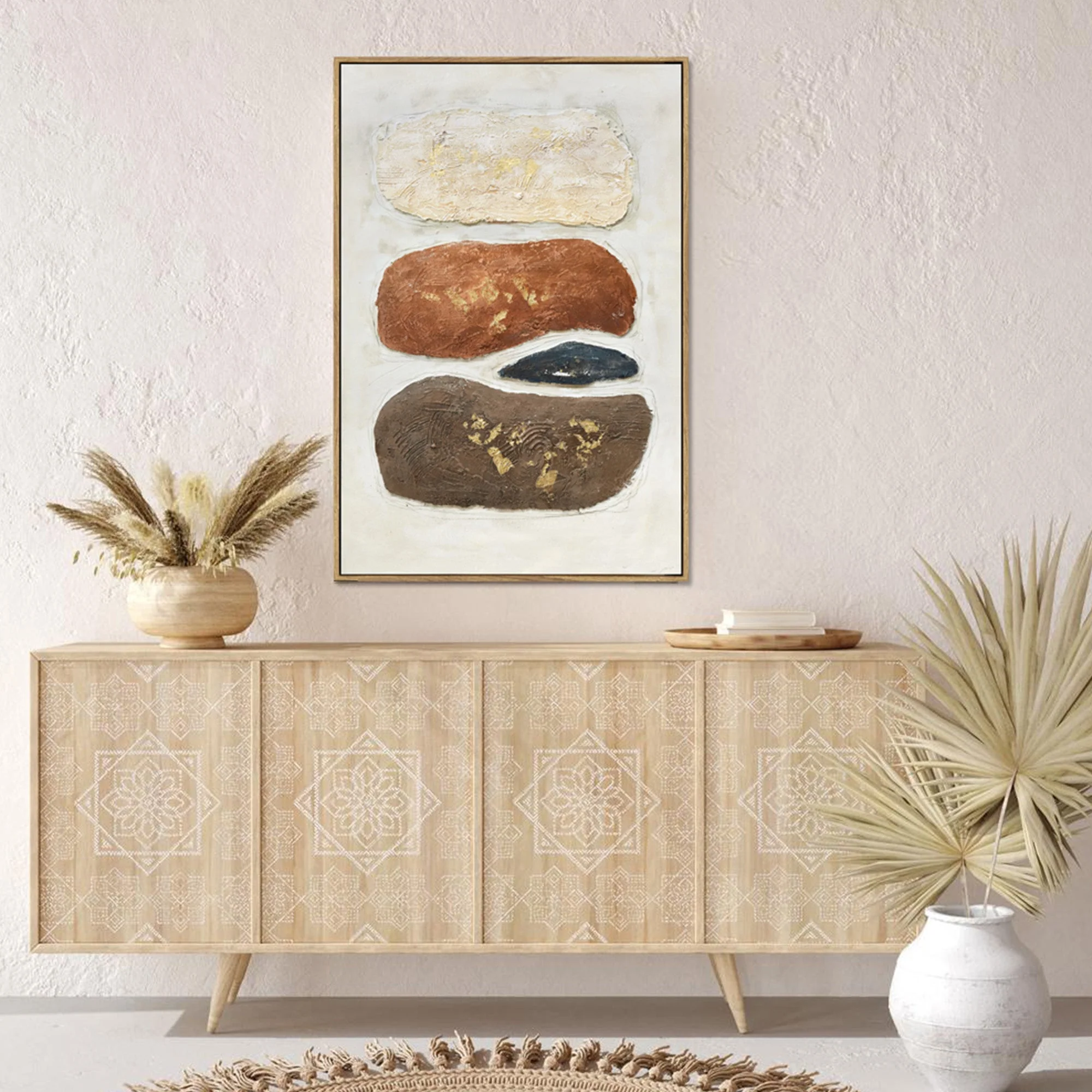 60X90cm Pebble Mosaic Dark Wood Framed Hand Painted Canvas Wall Art - Image 3