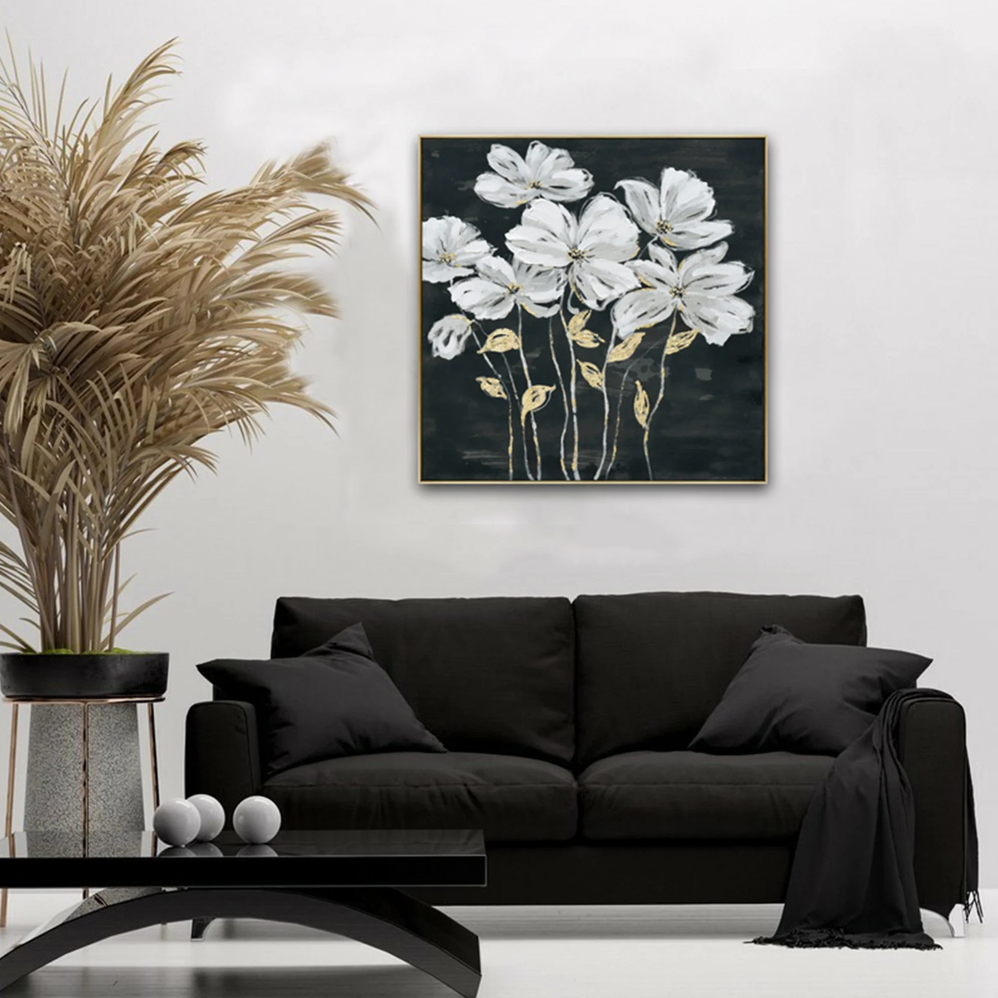 80X80cm Golden Blossoms Gold Framed Hand Painted Canvas Wall Art - Image 3