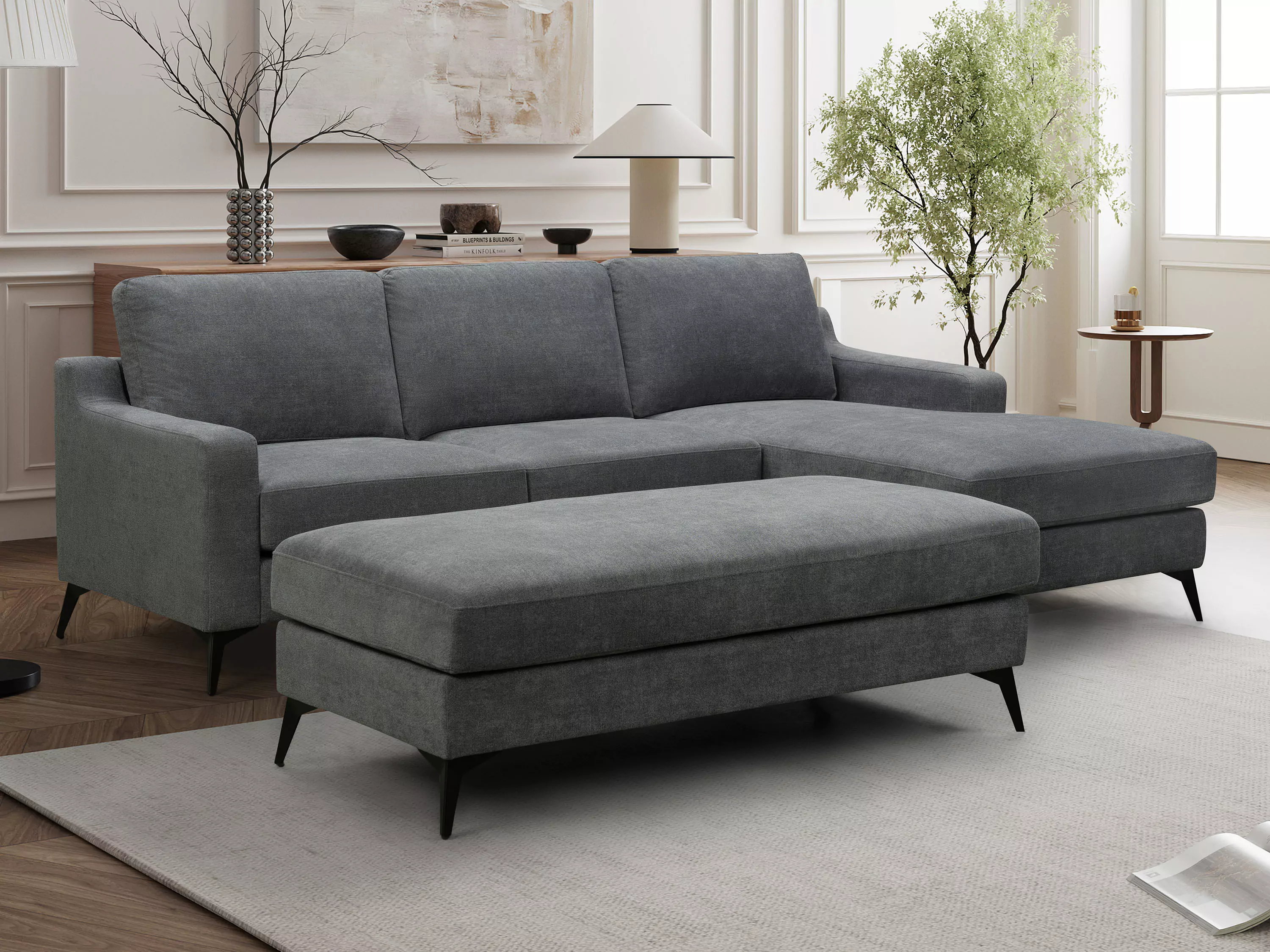 Leo 3 Seater Fabric Chaise with Ottoman - Image 3