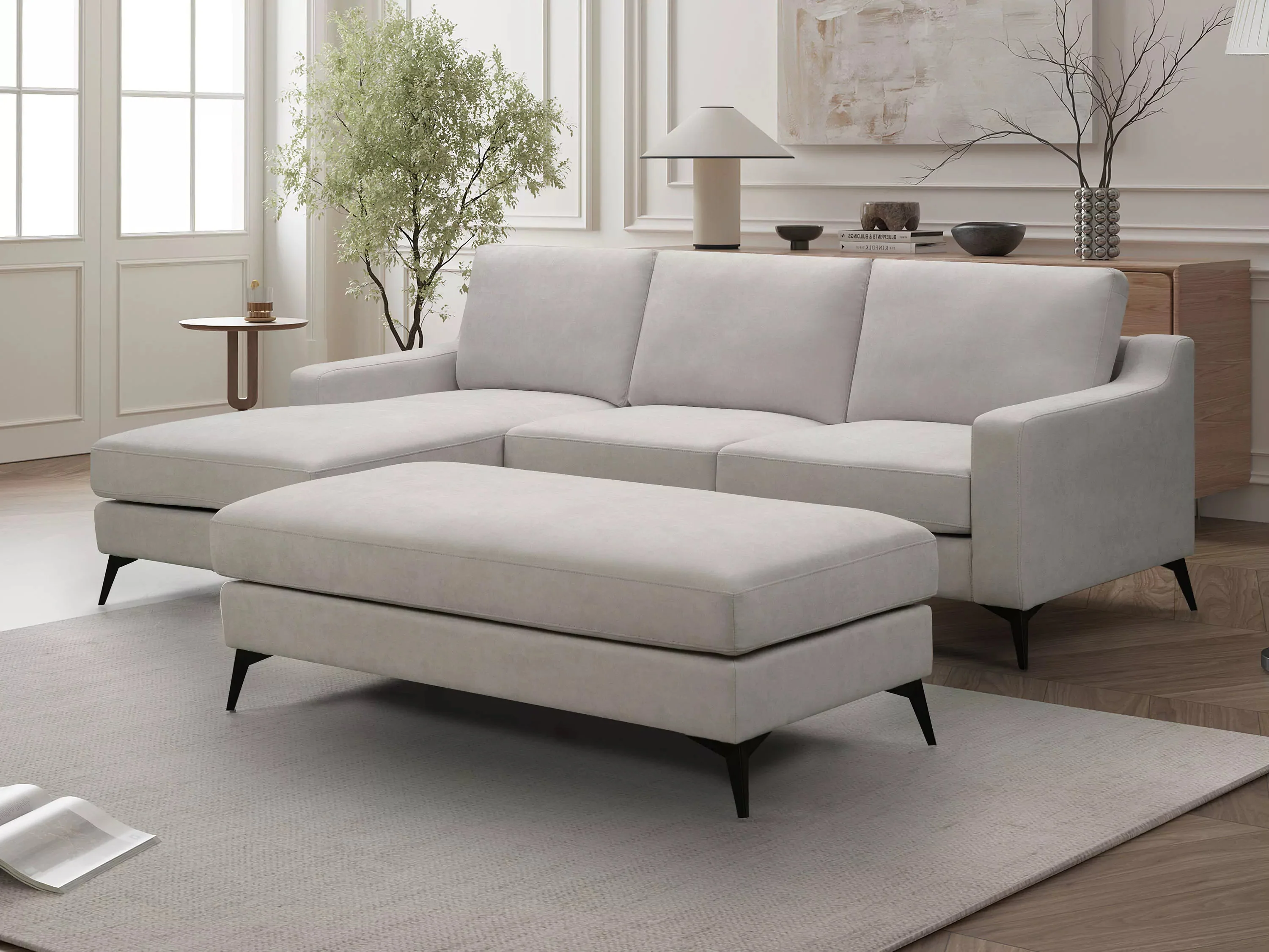 Leo 3 Seater Fabric Chaise with Ottoman - Image 4
