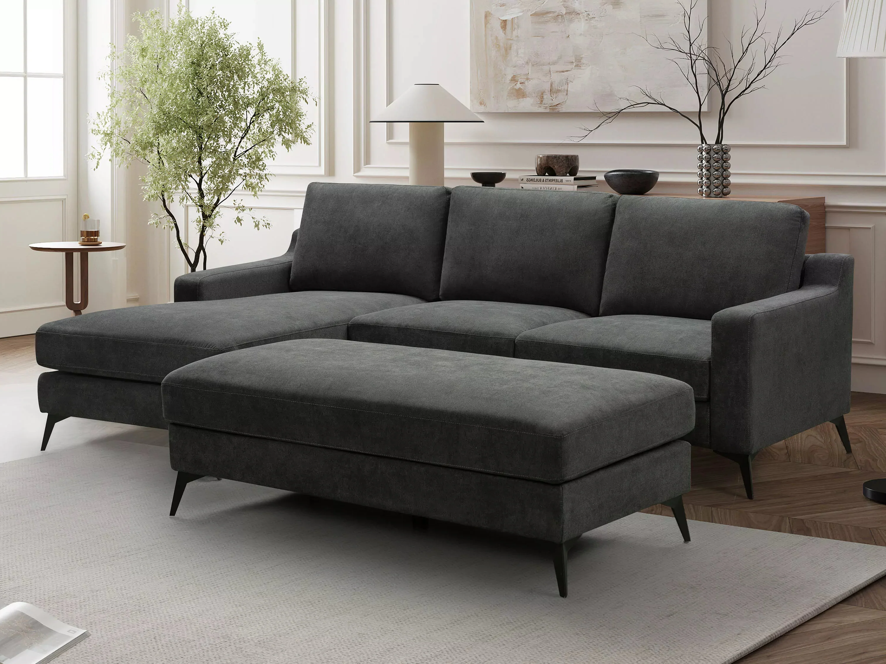 Leo 3 Seater Fabric Chaise with Ottoman - Image 5