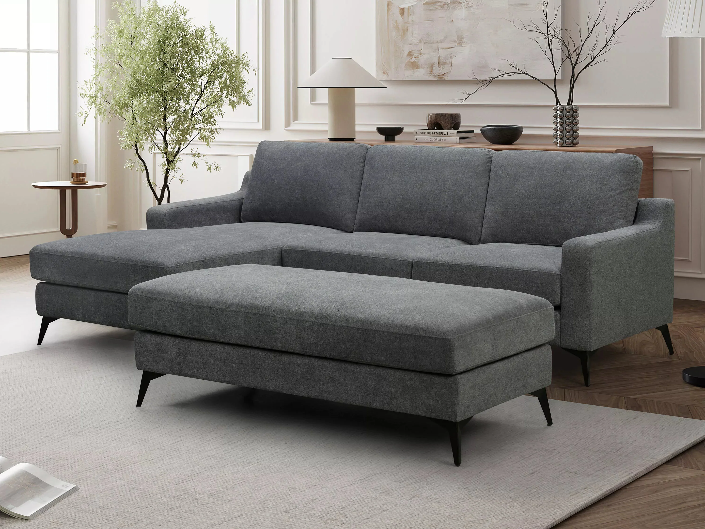 Leo 3 Seater Fabric Chaise with Ottoman - Image 6
