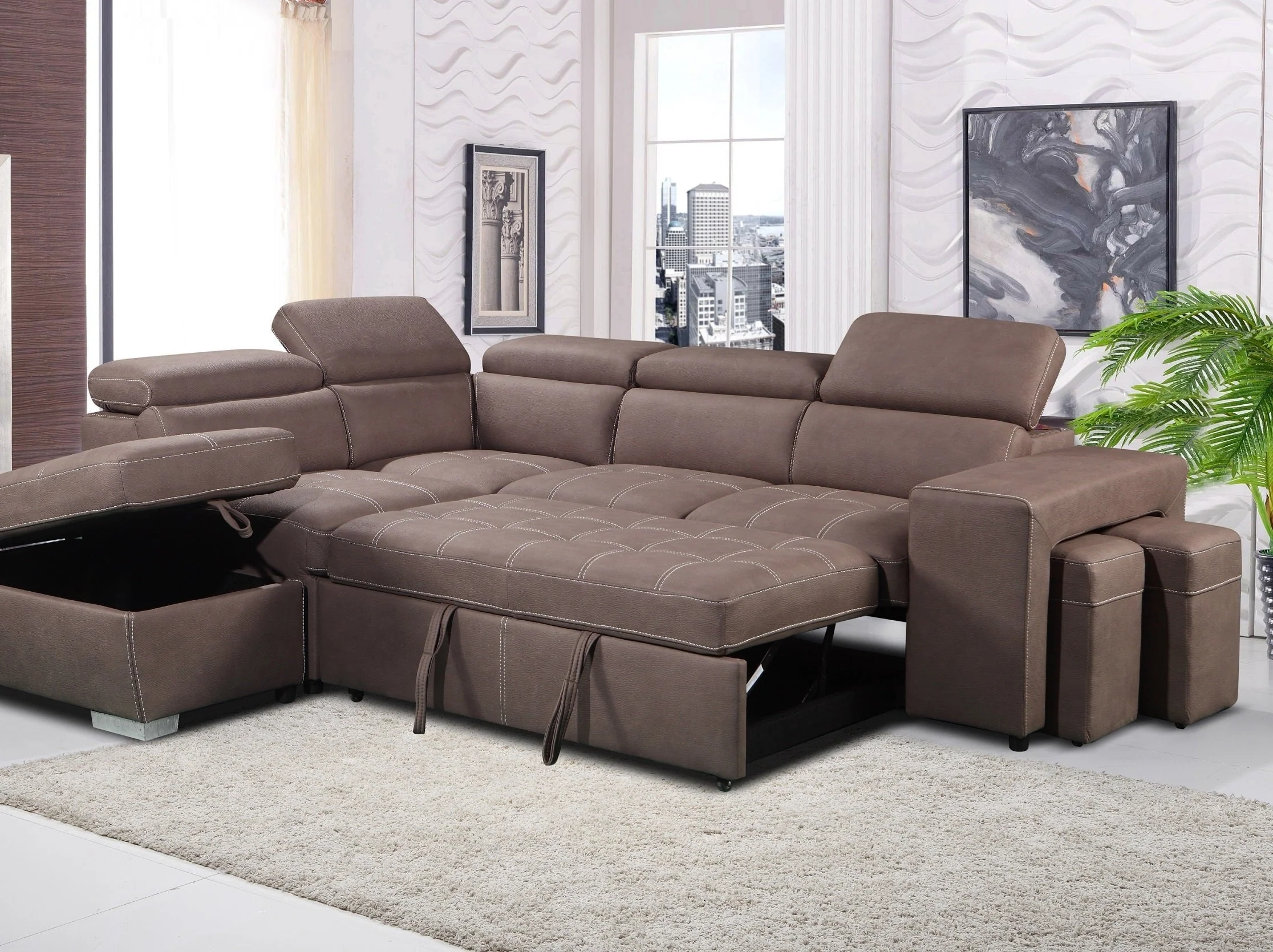 Positano 4 Seater Fabric Sofabed with Storage Ottoman + 2 Stools - Image 5